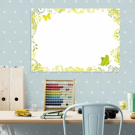 Dry-erase board 016 - Graphic design with green butterflies and floral patterns on a white background.