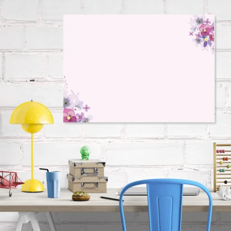 Dry-erase board 01X 054 flowers - Graphic design with a pink background and flowers in shades of purple and yellow.