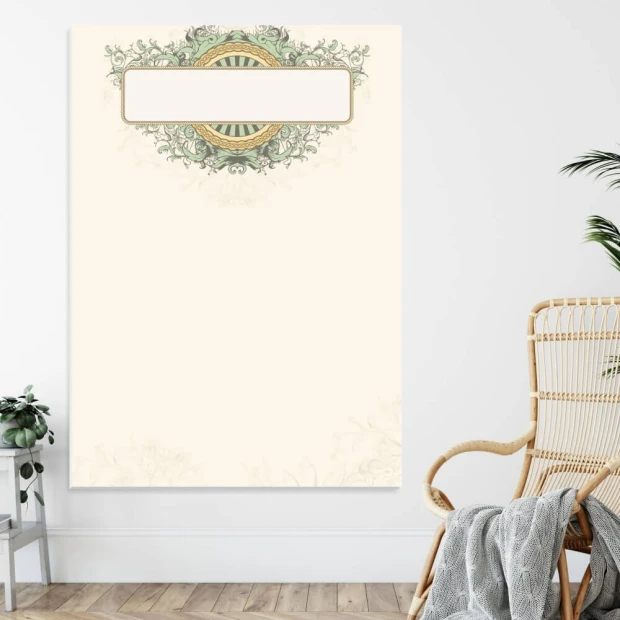 Dry-erase board 01X 076 floral - Graphic design with delicate green ornaments and a golden circle.