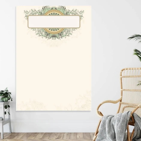 Dry-erase board 01X 076 floral - Graphic design with delicate green ornaments and a golden circle.