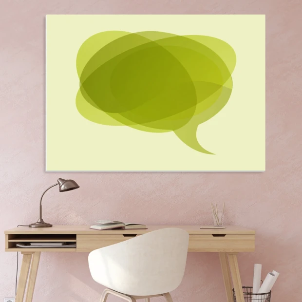 Dry-erase board 01X 106 speech bubble - Graphic design with green, transparent shapes on a light background.