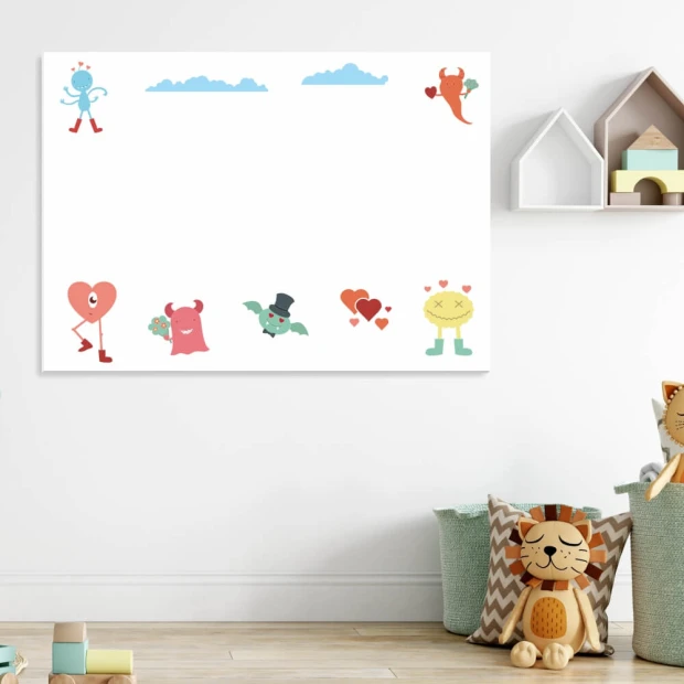 Dry-erase board 117 monsters - Graphic design featuring colorful monsters and hearts on a white background.