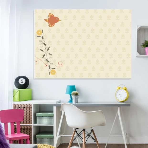 Dry-erase board 124 bird - Office setup with light-colored walls and pastel furniture.