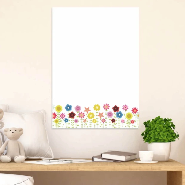 Dry-erase board 130 with floral design. Colorful flowers in various shapes at the bottom.