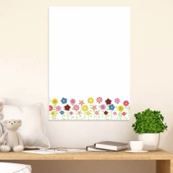 Dry-erase board 130 with floral design. Colorful flowers in various shapes at the bottom.