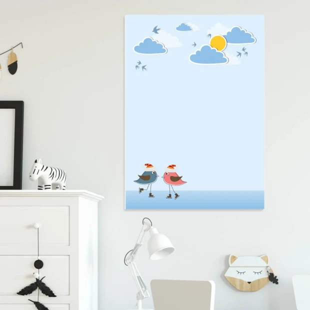 Dry-erase board 132 birds and clouds - Graphic design featuring two birds in hats against a backdrop of clouds and sun.