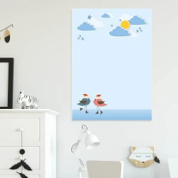 Dry-erase board 132 birds and clouds - Graphic design featuring two birds in hats against a backdrop of clouds and sun.