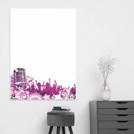 Dry-erase board 150 with music microphone design featuring a microphone and silhouettes of people in motion.