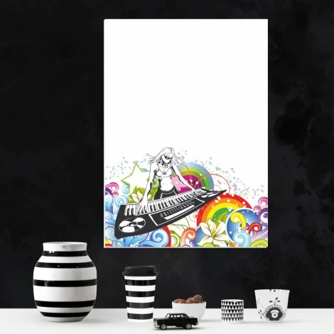 Dry-erase board 151 music - Graphic design featuring a woman at a keyboard surrounded by colorful waves.