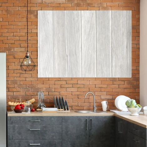 Dry-erase board 173 - Kitchen arrangement with brick-colored walls and gray furniture.