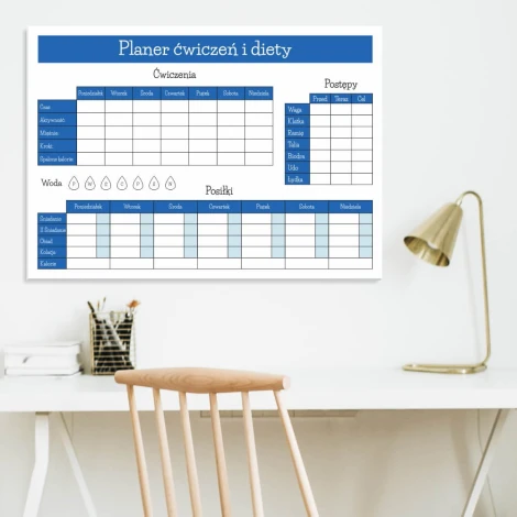 Dry-erase board for exercise and diet planning, ideal for office decor with light-colored walls and a desk with a lamp.