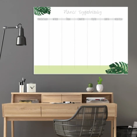 Weekly planner whiteboard 410 - Office setup with gray walls, wooden furniture, and plants.