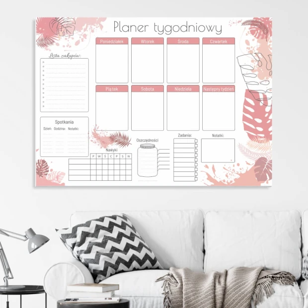 Weekly planner whiteboard 416 - Styled in a living room with light-colored walls and a gray sofa.