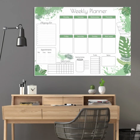 Weekly planner dry-erase board 415 - Office setup with gray-beige walls and a simple wooden desk.