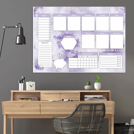 Weekly planner dry-erase board 419 - Office setup with light-colored walls, wooden furniture, and a modern design.