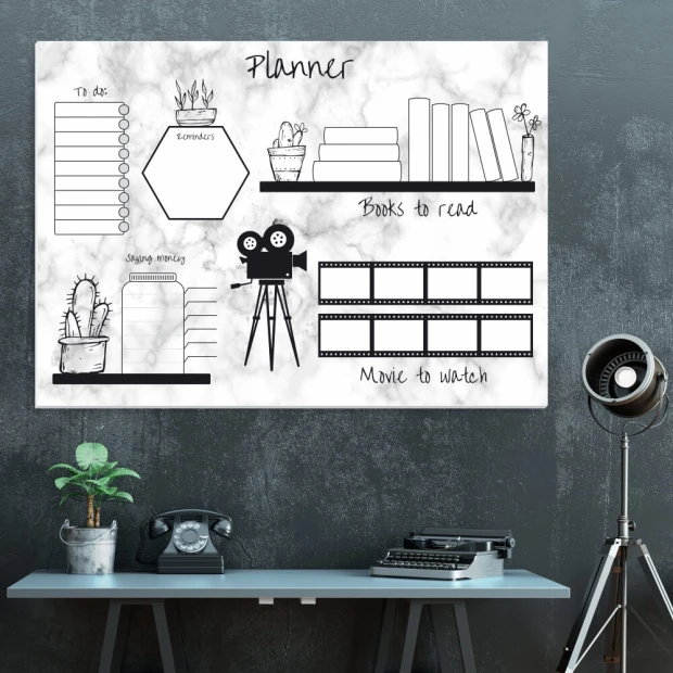 Weekly planner dry-erase board 421 - Graphic design featuring various organizational elements, including lists.