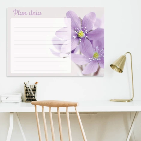 Daily planner whiteboard with flowers 357 - Office setup with bright walls and minimalist furniture.