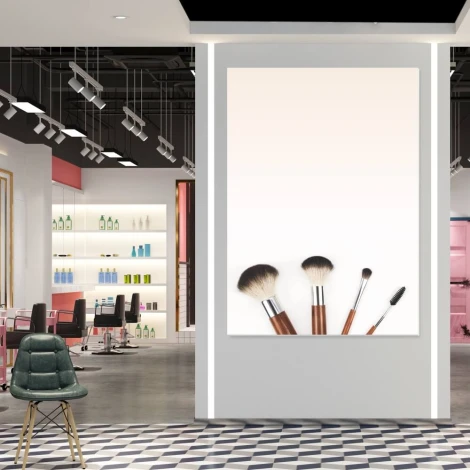 Dry-erase makeup board 257 - Styled in a hair salon with light-colored walls and modern furniture.