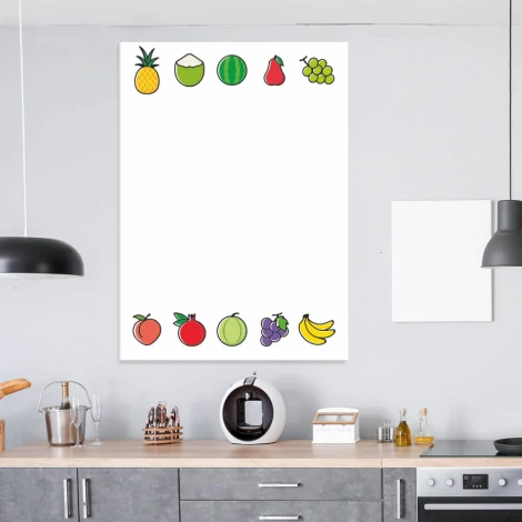 Dry-erase kitchen board with vegetable and fruit design. Colorful fruit illustrations on a white background.