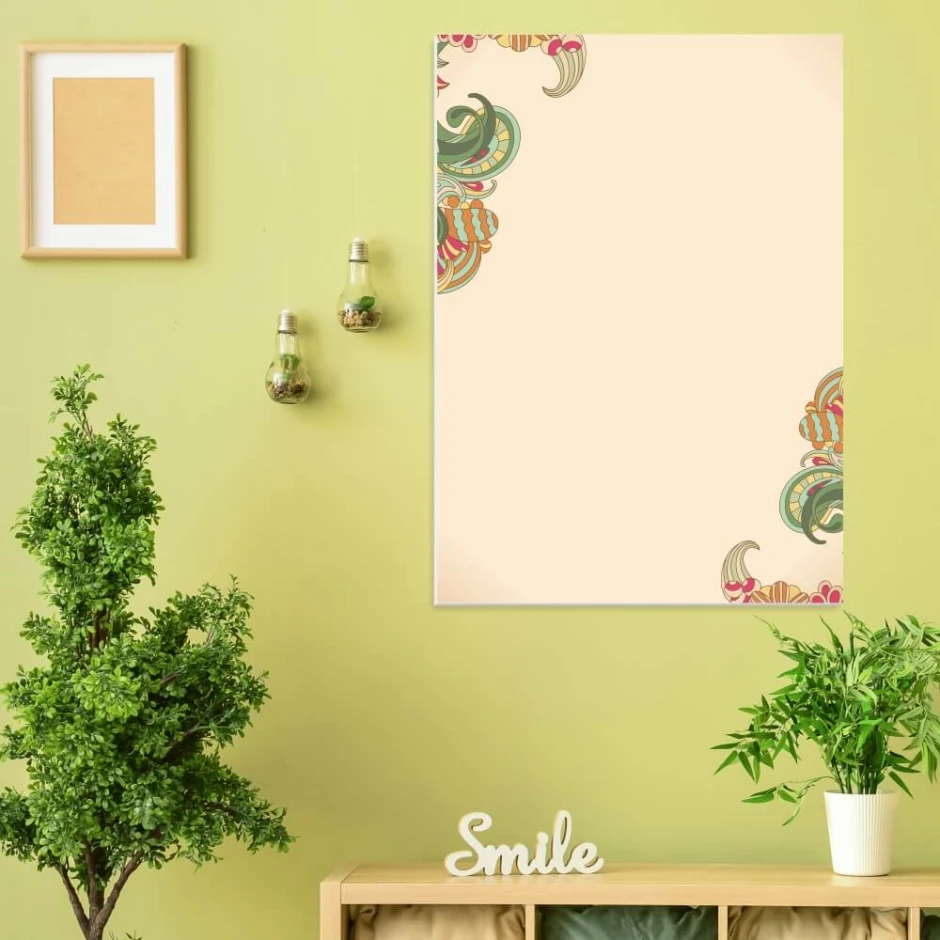 Dry-erase board 01X 080 with colorful patterns - Styled in a room with a green wall, plants, and minimalist furniture.