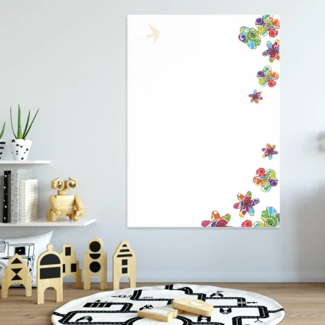 Dry-erase board 01X 082 with colorful flowers - Modern office setup with light-colored walls and minimalist design.