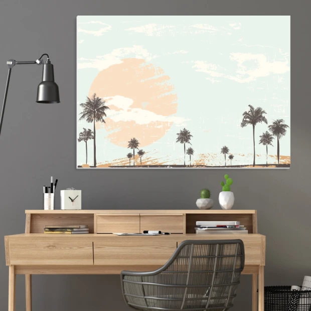 Dry-erase board 01X 088 palms - Office setup with gray-beige walls and minimalist wooden furniture.