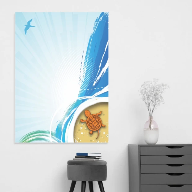 Dry-erase board 01X 090 turtle - Graphic design featuring a turtle against wavy lines in shades of color.