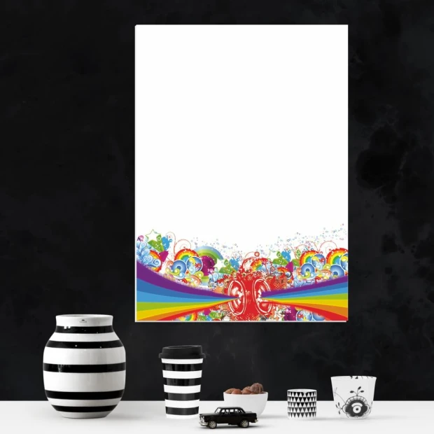 Dry-erase board 01X 093 rainbow - Graphic design with colorful waves and spirals at the bottom on a white background.