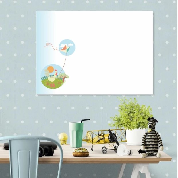 Dry-erase board 120 rooster - Graphic design featuring a rooster, clouds, and a balloon on a light background.