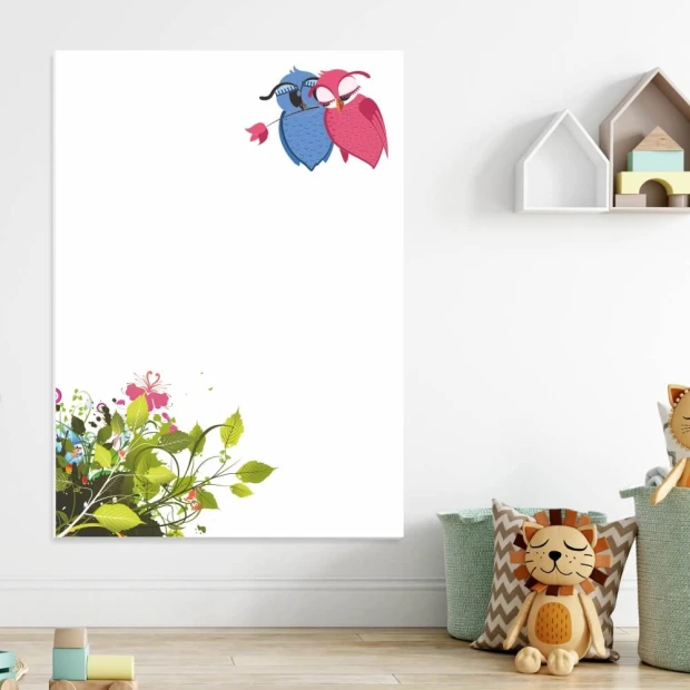 Dry-erase board 127 owls - Graphic design with two colorful birds on a white background, featuring green leaves and flowers.