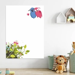 Dry-erase board 127 owls - Graphic design with two colorful birds on a white background, featuring green leaves and flowers.