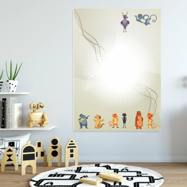 Dry-erase board 128 animals - Decor in a children\'s room. Light-colored walls and minimalist furniture.