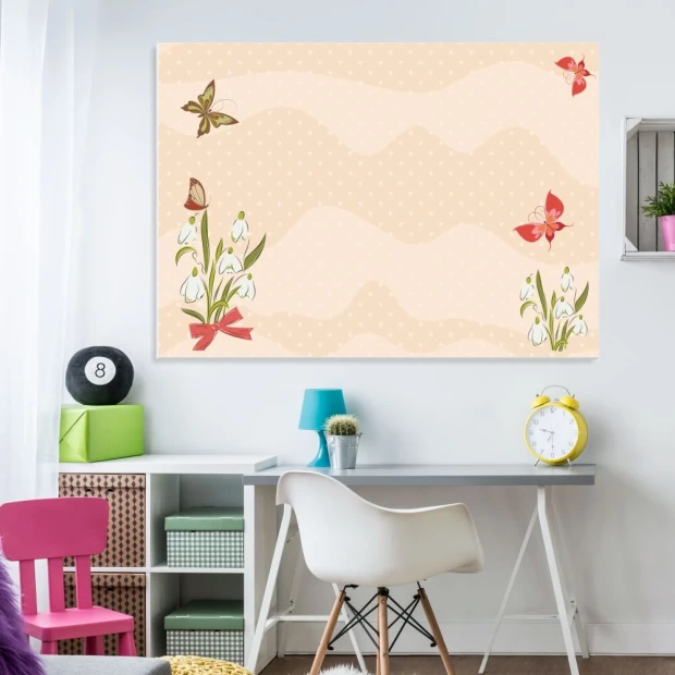 Dry-erase board 137 butterflies flowers - Office setup with light-colored walls and pastel furniture.