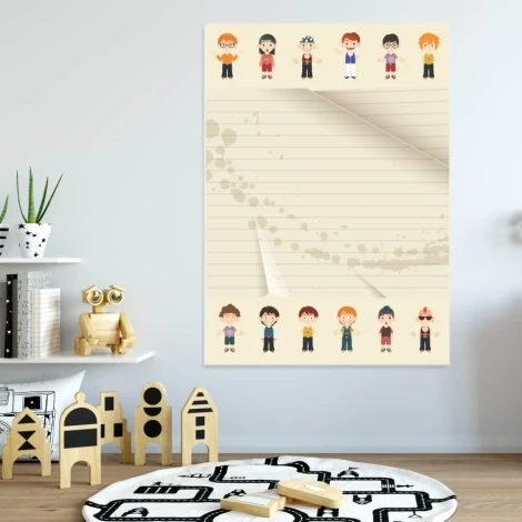 Dry-erase board 140 characters - Graphic design. Characters in various outfits and hairstyles on a lined background.