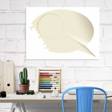 Whiteboard 148 with paper smoke - Office setup. Light-colored walls, wooden furniture, and a plant.