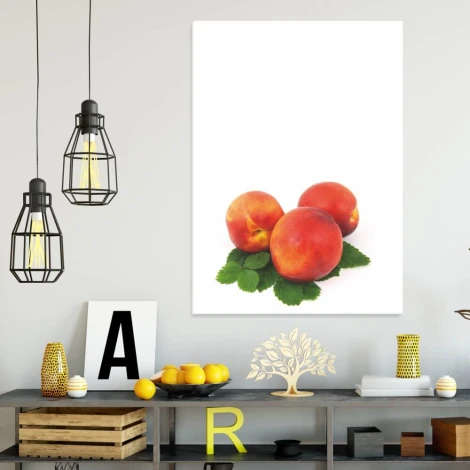 Peach-themed dry-erase board for the kitchen featuring three peaches on green leaves against a white background.