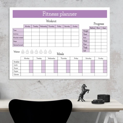 Fitness planner dry-erase board 429 - Rectangular board with sections for workouts.