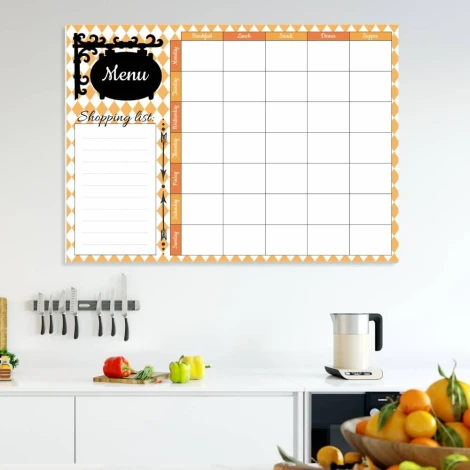 Menu dry-erase board 431 - Kitchen setup with light walls and furniture in shades of white and wood.