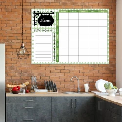 Menu dry-erase board 432 - Kitchen arrangement with brown brick walls and gray cabinets.