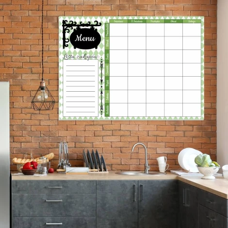 Menu dry-erase board 432 - Kitchen arrangement with brown brick walls and gray cabinets.
