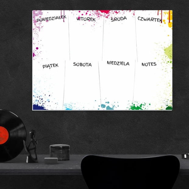 Weekly planner dry-erase board 418 - Simple design with days of the week and colorful splashes.