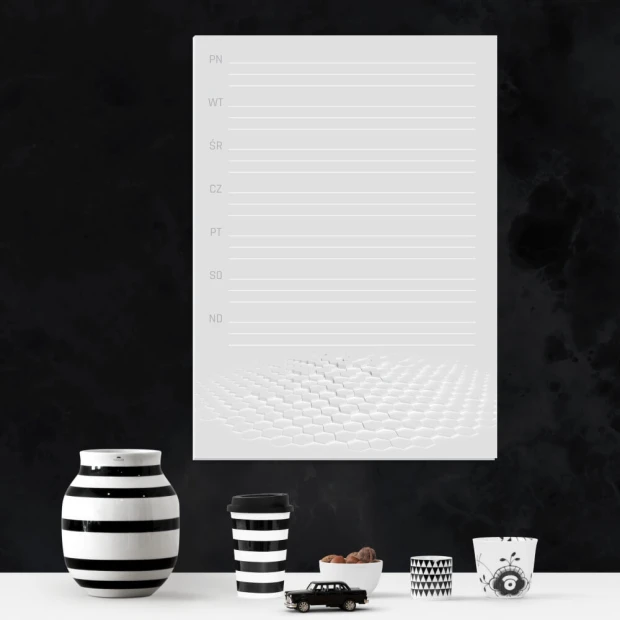 Weekly planner whiteboard 426 - Modern office setup with dark walls and minimalist furniture.