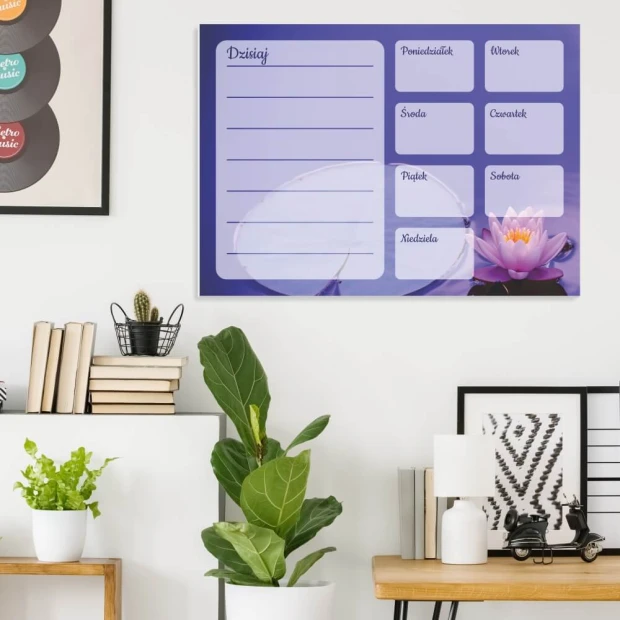 Blue weekly planner whiteboard with lotus flower design for modern office decor. Bright wall colors.