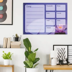 Blue weekly planner whiteboard with lotus flower design for modern office decor. Bright wall colors.