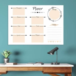 Weekly planner whiteboard 406 - Office setup with green walls and a light wood table.