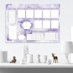 Weekly planner whiteboard 420 - Graphic design in purple shades with spaces for notes and tasks.