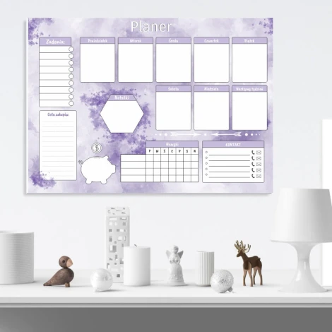 Weekly planner whiteboard 420 - Graphic design in purple shades with spaces for notes and tasks.