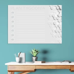 Weekly planner whiteboard 424 - Office setup with blue walls and minimalist furniture.