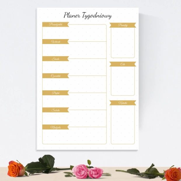 Weekly planner whiteboard 408 - Graphic design. White board with gold stripes and spaces for notes.