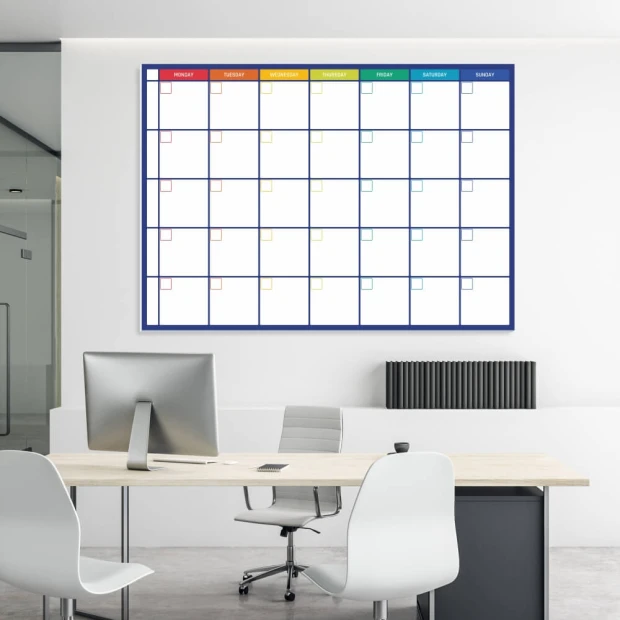 Weekly planner dry-erase board in English 399 - Office setup with light walls and modern furniture.